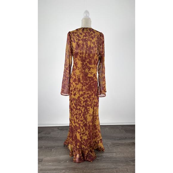 ASOS Ruched Bust Long Sleeve Maxi Dress Womens Size 14 Orange Abstract New - Picture 9 of 16